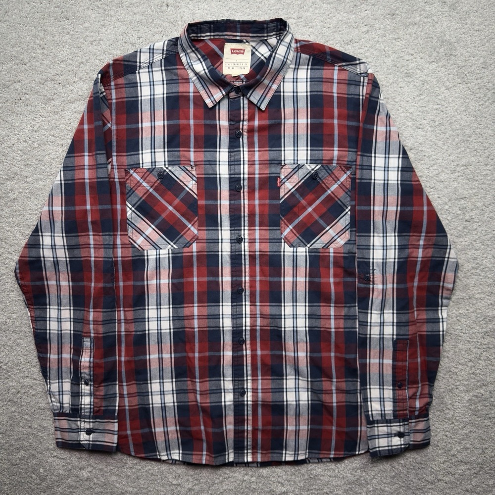 Levi's Mens Large Plaid Button Up Shirt Red Navy White Long Sleeve Red Tab - Picture 2 of 6